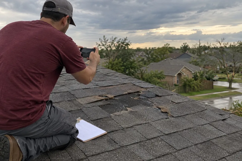 AI-generated illustration of a person photographing roof damage.