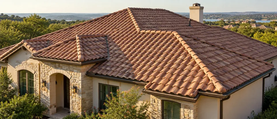 AI-generated image of a clay tile roof on a house.