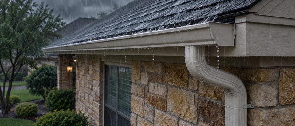 AI-generated image of a gutter and downspout during heavy rain.