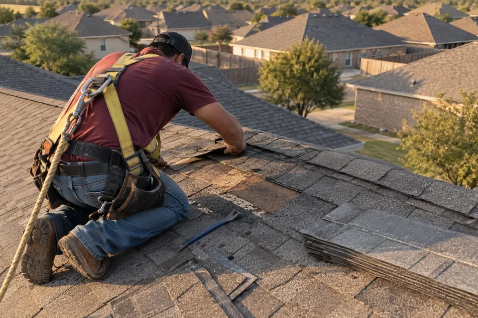 AI-generated illustration of a roofer repairing shingles.