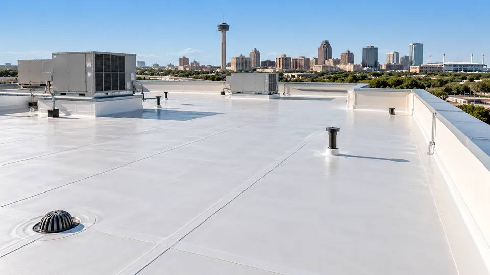AI-generated illustration of a light-colored commercial roof membrane with rooftop equipment.