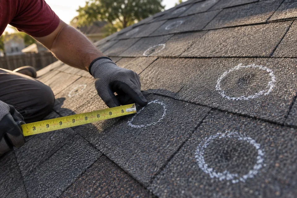AI-generated illustration of a close view of marked roof damage.