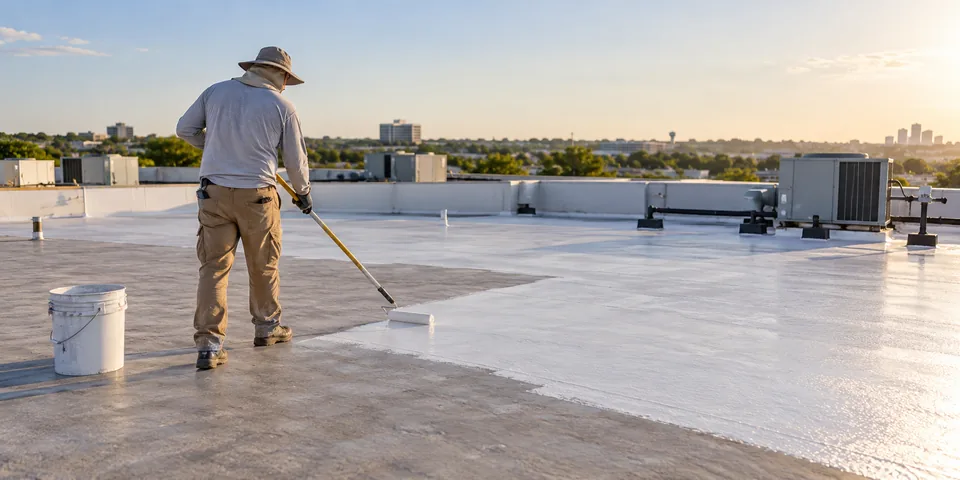 AI-generated illustration of a generic protective coating being rolled onto a commercial low-slope roof.